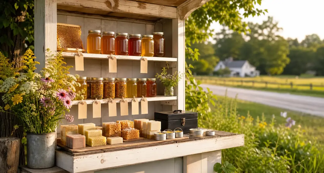 Self-serve roadside farm stand filled with jars of raw local honey in South Jersey